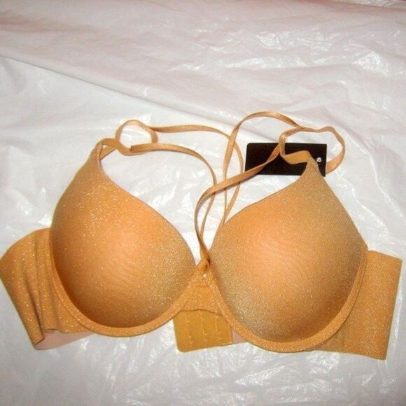 Youmita Pale Gold Glittery Fabric Cross Front 38B Bra NWT - Picture 7 of 11